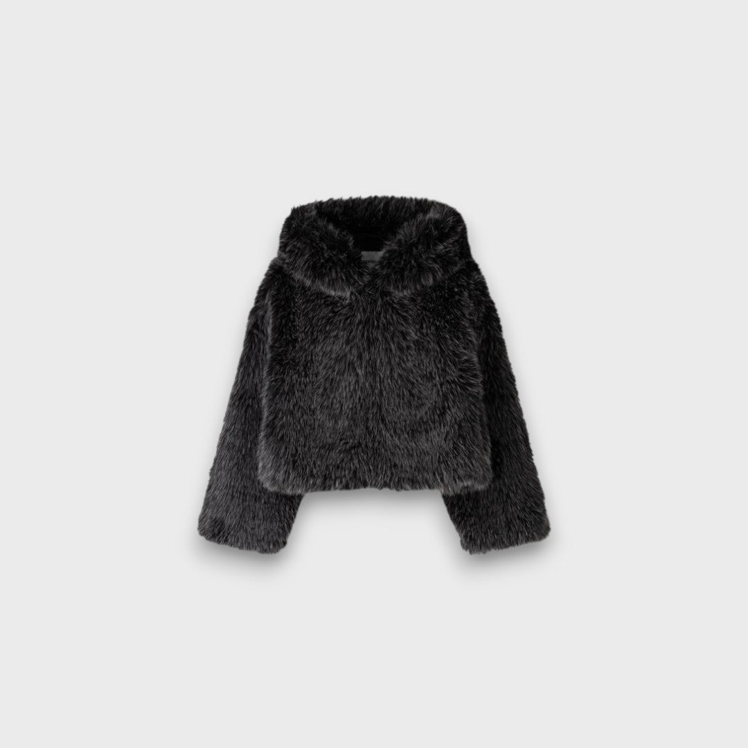 Leyana – Veste à capuche oversize en fausse fourrure gris fumé