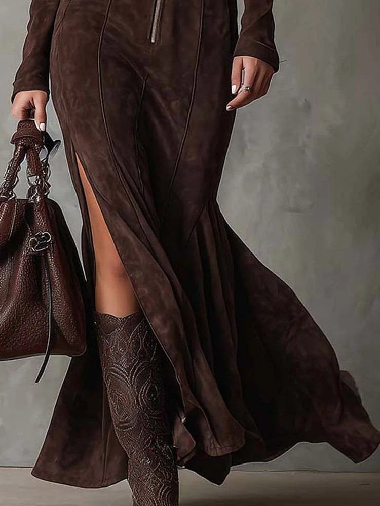 Cataina | Robe longue marron vintage avec ceinture