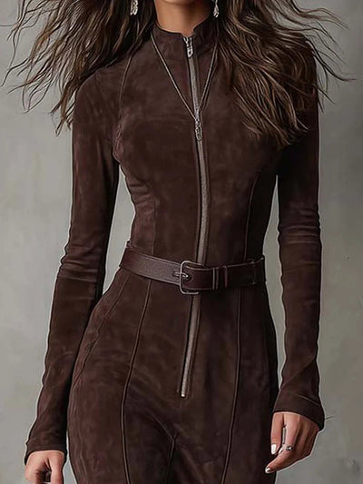 Cataina | Robe longue marron vintage avec ceinture