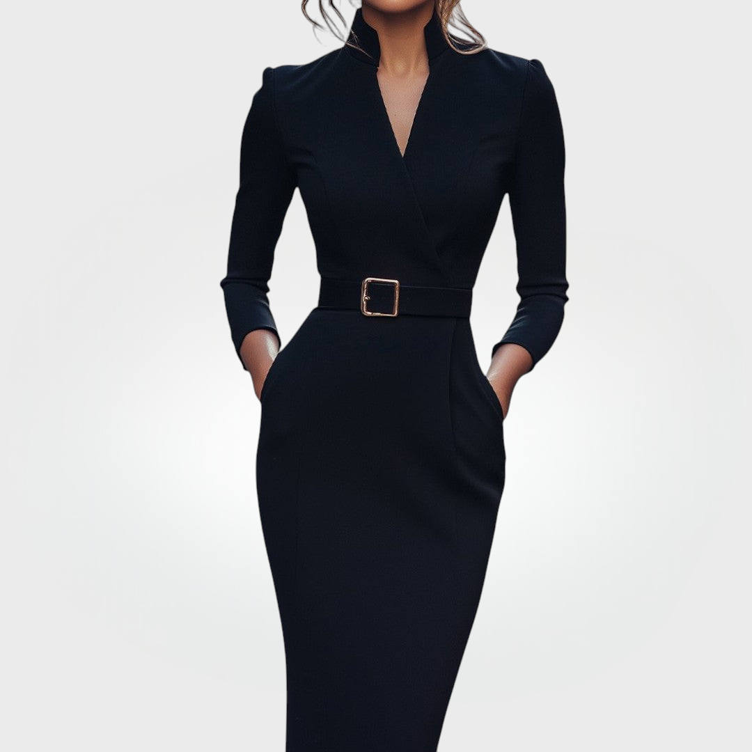 Mandarin | Robe noire raffinée avec ceinture et col mandarin
