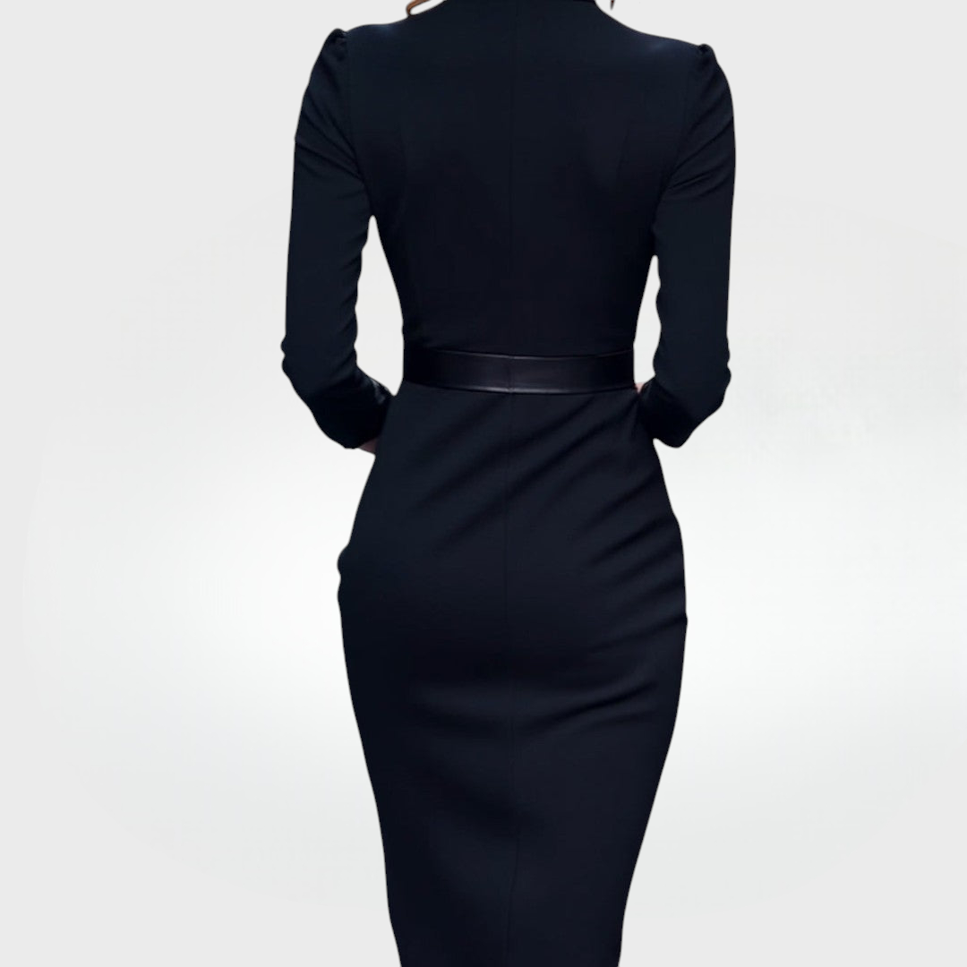 Mandarin | Robe noire raffinée avec ceinture et col mandarin