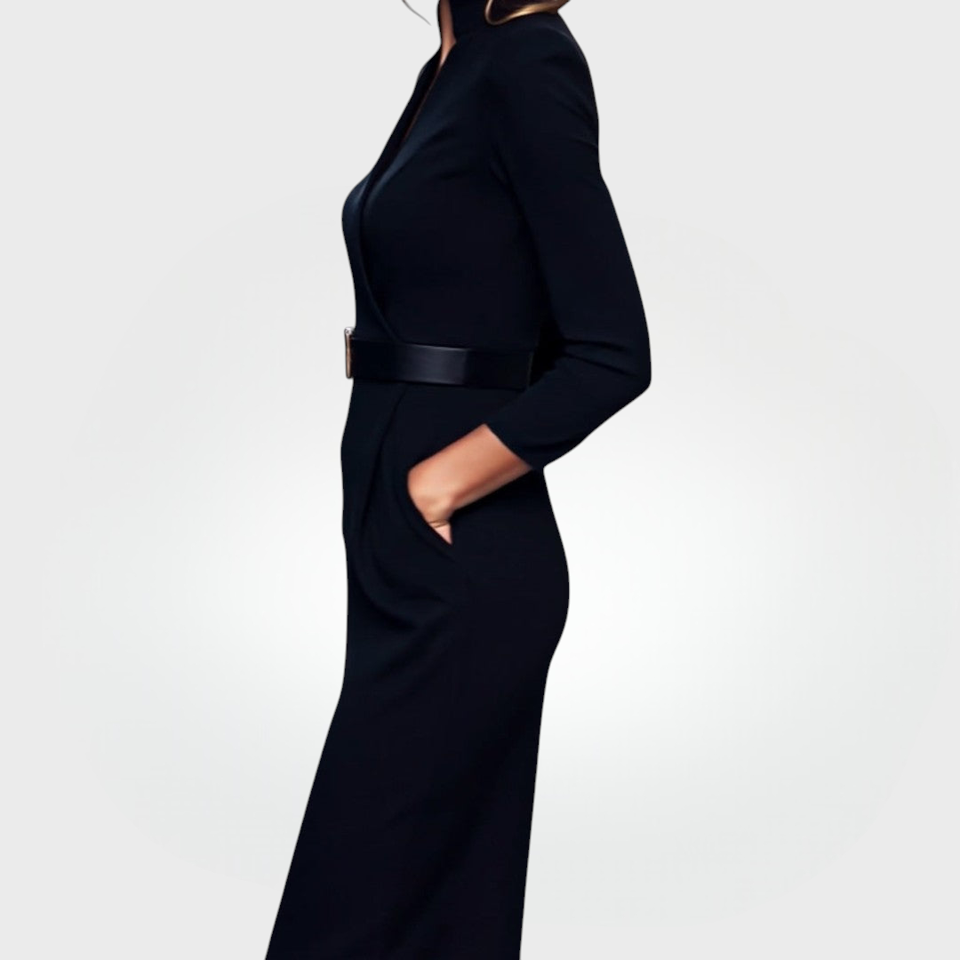 Mandarin | Robe noire raffinée avec ceinture et col mandarin