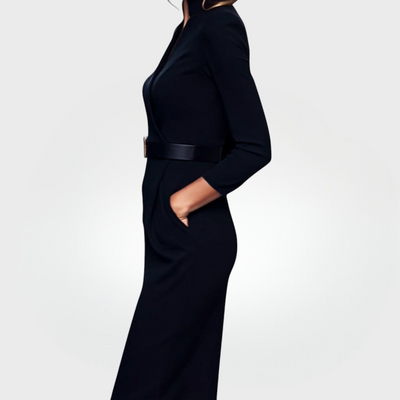 Mandarin | Robe noire raffinée avec ceinture et col mandarin